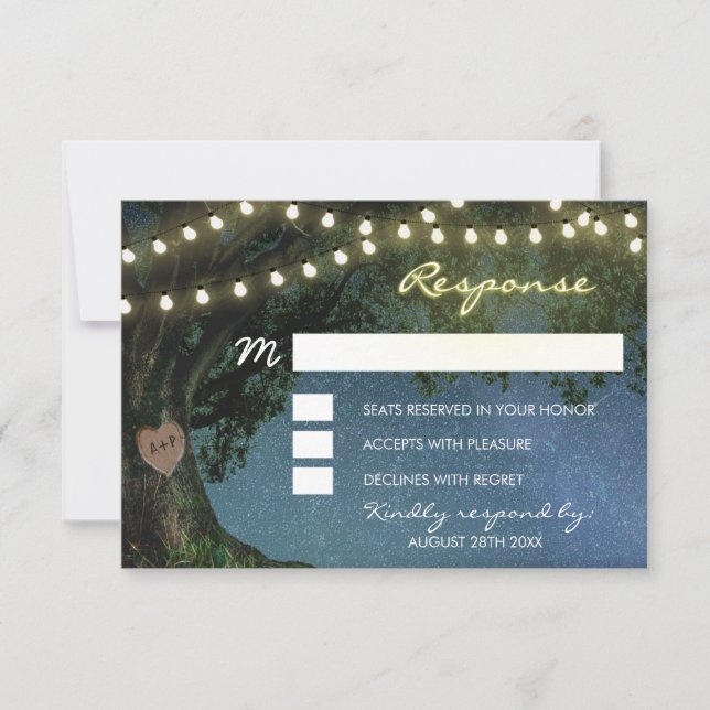 Rustikale, geschnitzte Herz-Eichenbaum Hochzeitska RSVP Karte (Vorderseite)