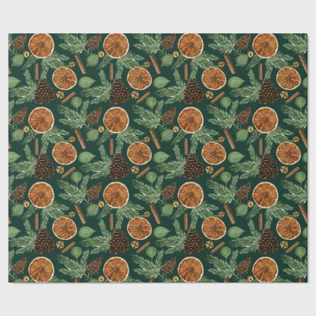 Rustikale getrocknete Orange Kiefern Grüne Weihnac Geschenkpapier (Saum)