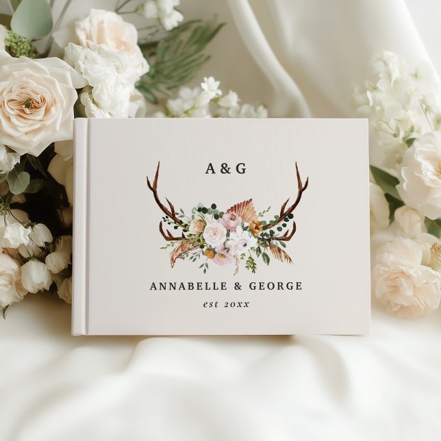 Rustikale Geweih-Blumen-Hochzeit Boho-Waldland Gästebuch (Von Creator hochgeladen)