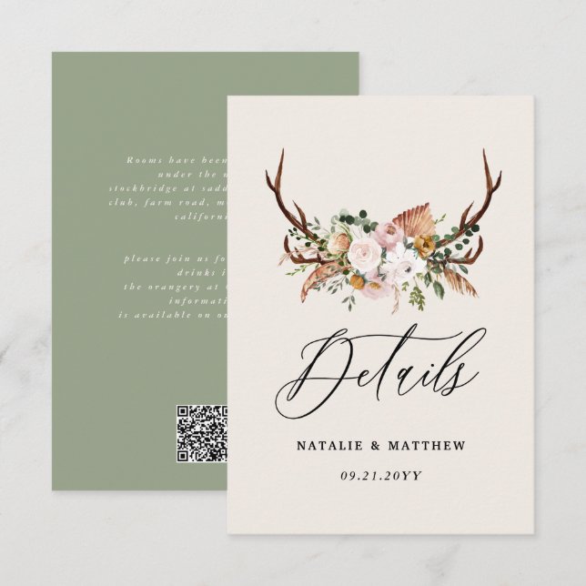 Rustikale Geweih-Blumen-Hochzeit Wald Boho Details Begleitkarte (Vorne/Hinten)