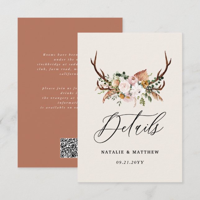 Rustikale Geweih-Blumen-Hochzeit Wald Boho Details Begleitkarte (Vorne/Hinten)