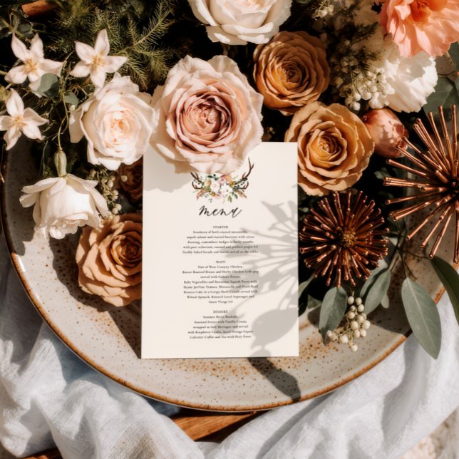 Rustikale Geweih-Blumen-Hochzeitsmenü Boho Woodlan Menükarte (Von Creator hochgeladen)
