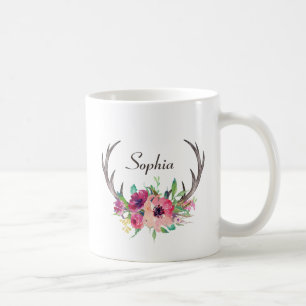 Rustikale Geweih Boho Blumen mit Monogramm Tasse