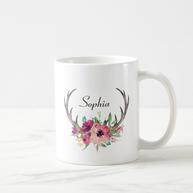 Rustikale Geweih Boho Blumen mit Monogramm Tasse (Rechts)