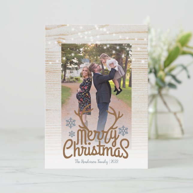 Rustikale Geweih-Fotostring-Weihnachtsbeleuchtung  Feiertagskarte (Stehend Vorderseite)