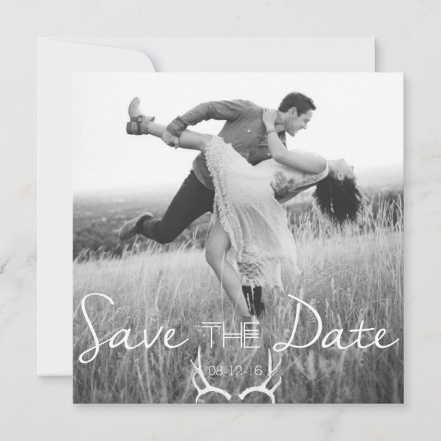 Rustikale Geweih-Grafik | Weiße Save-the-Date-Kart Save The Date (Vorderseite)
