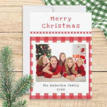 Rustikale Gingham-Familienfoto Rot-Weiß-Weihnachte