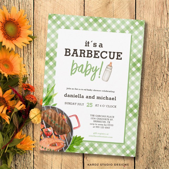 Rustikale Gingham-Grill-Baby-Party Einladung (The front and back of the invitation are shown at a 5x7 inch. Choose size, paper, + corner style.)