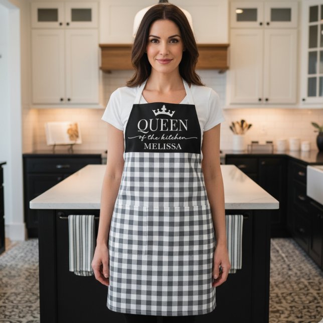 Rustikale Gingham Queen of the Kitchen Schürze (elegant black and white gingham Queen of the Kitchen apron, christmas or birthday gift for mom)