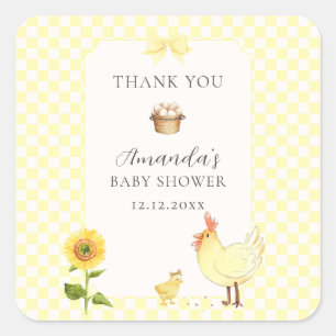Rustikale Gingham-Sonnenblumen-Hühner-Baby-Party Quadratischer Aufkleber