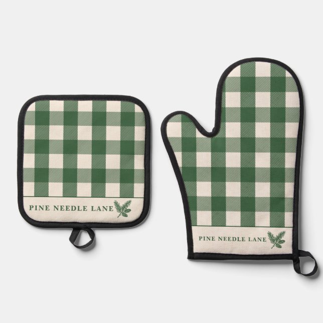 Rustikale Gingham-Weihnachten Ofenhandschuh & Topflappen-Set (Vorderseite)
