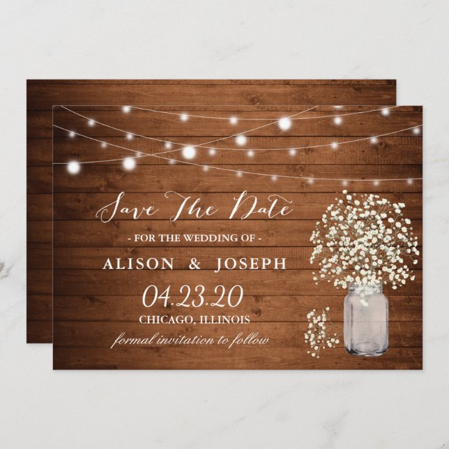 Rustikale Gipskraut-Lichter Hochzeit speichern das Save The Date (Vorne/Hinten)