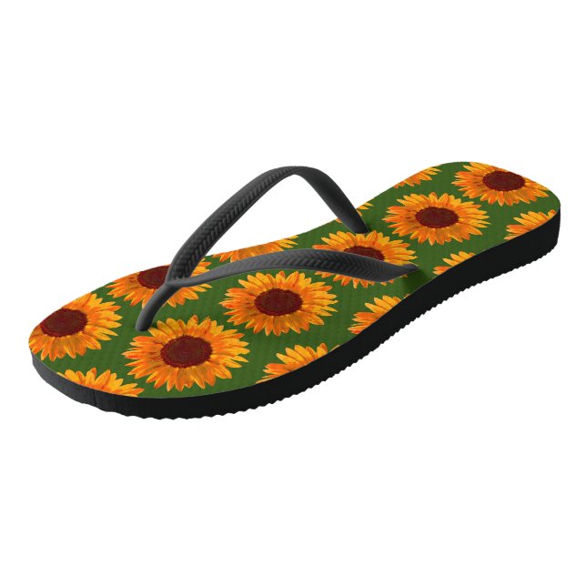 Rustikale Girls Orange und grünes Sonnenblumenmust Flip Flops (Schrägansicht)