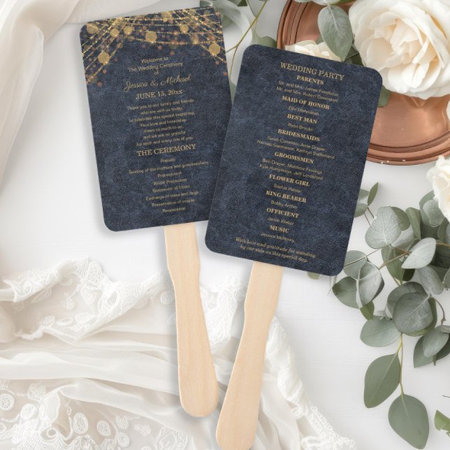 Rustikale Glamour Blau Gold Hochzeitsprogramm Fächer (Rustic glam navy blue and gold string lights wedding program hand fans printed on front and back)