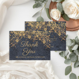 Rustikale Glamour Blaue Goldene Lichterkette Hochz Dankeskarte