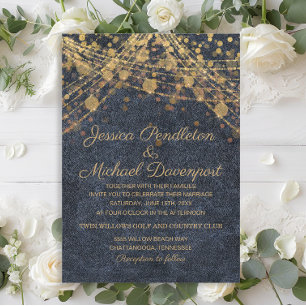 Rustikale Glamour-Gold-Lichterkette Denimblaue Hoc Einladung