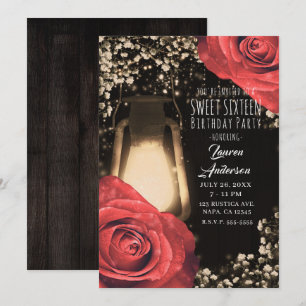 Rustikale Glanlaterne & Rote Rosen Sweet 16 Einladung