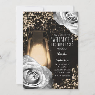 Rustikale Glanlaterne Silber Grau Rosen Sweet 16 Einladung