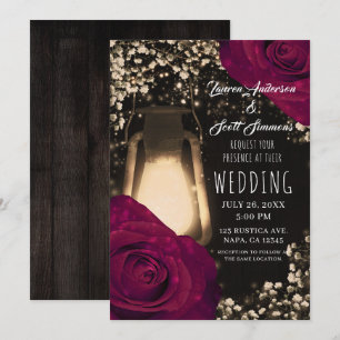 Rustikale Glanzlaterne & Magenta-Rosen-Hochzeit Einladung