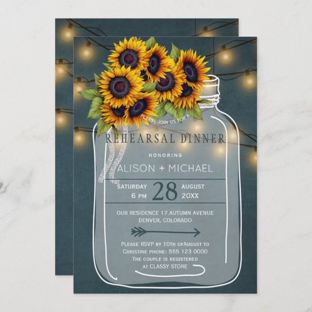 Rustikale Glasdose mit Sonnenblumen Probe Abendess Einladung (Vorne/Hinten)