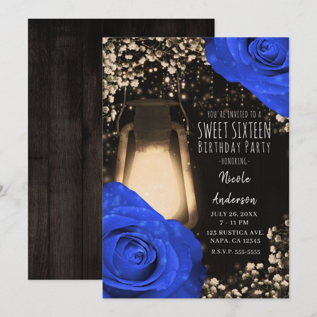 Rustikale glattere Laterne & Cobalt Blue Rose Swee Einladung (Vorne/Hinten)