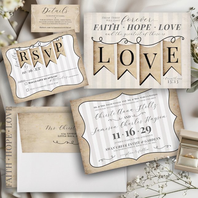 Rustikale Glaubensstiftung Liebe Religiöse Christl Einladung (Rustic religious Christian banner Faith Hope & Love banner stripes classic wedding stationery suite)