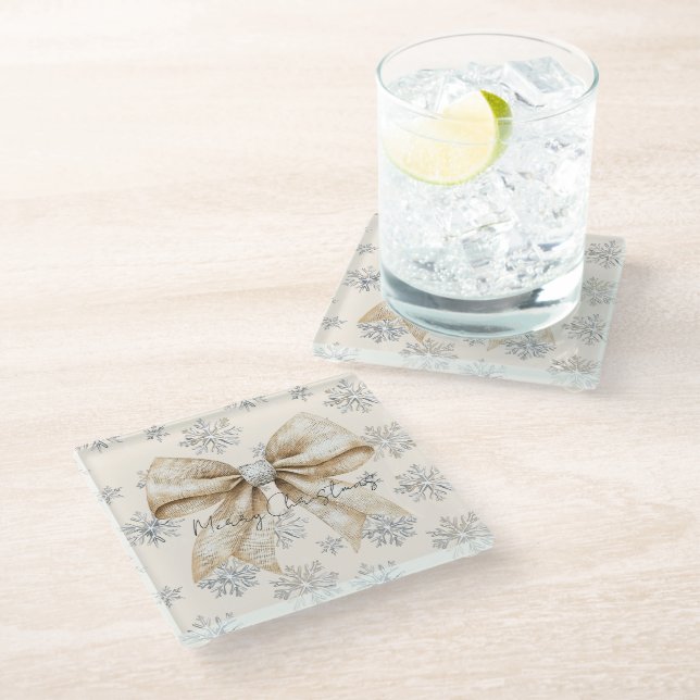Rustikale Glitzy Cream Bows Weihnachten Glasuntersetzer (Schrägansicht)