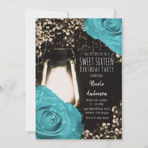 Rustikale Glow-Laterne Türkisblaue Rosen Sweet 16 Einladung