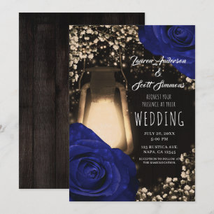 Rustikale Glüh Laterne & Navy Blau Rosen Hochzeits Einladung