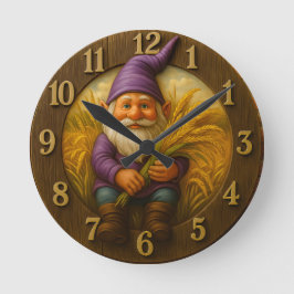 Rustikale Gnomen-Ernte mit goldenen Weizenakzenten Runde Wanduhr