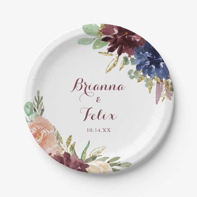 Rustikale Gold-Blätter Kalligrafie Hochzeitstorte Pappteller (Vorderseite)