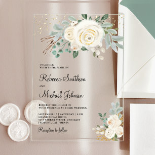 Rustikale Gold Elfenbein Florale Hochzeit Acryleinladungen