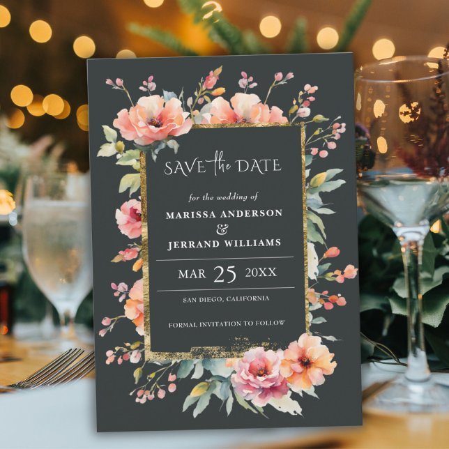 Rustikale Gold Frame Foto Save the Date Karte (Rustic Floral Gold Frame Photo Save the Date Card)