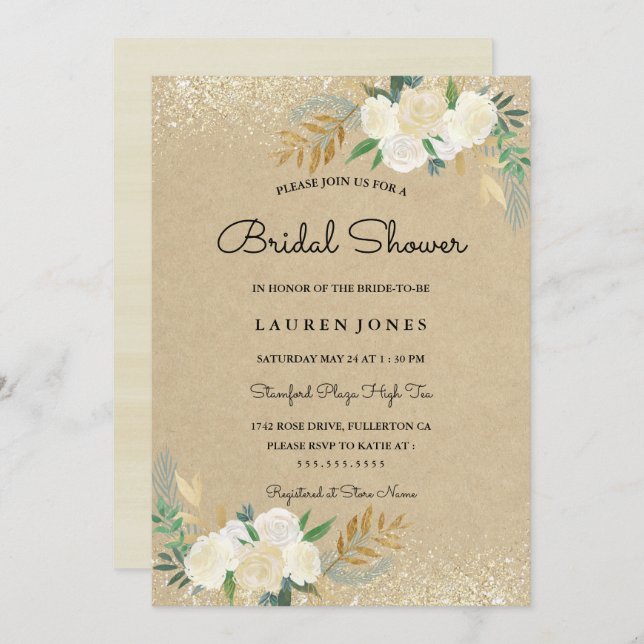 Rustikale Gold Glitzer Floral Brautparty Card Einladung (Vorne/Hinten)