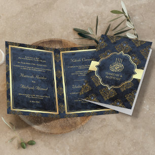 Rustikale Gold-Navy-Blau-Damaskus-Muslim-Hochzeit Einladung