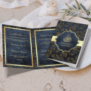 Rustikale Gold-Navy-Blau-Filigran-Muslim-Hochzeit Einladung