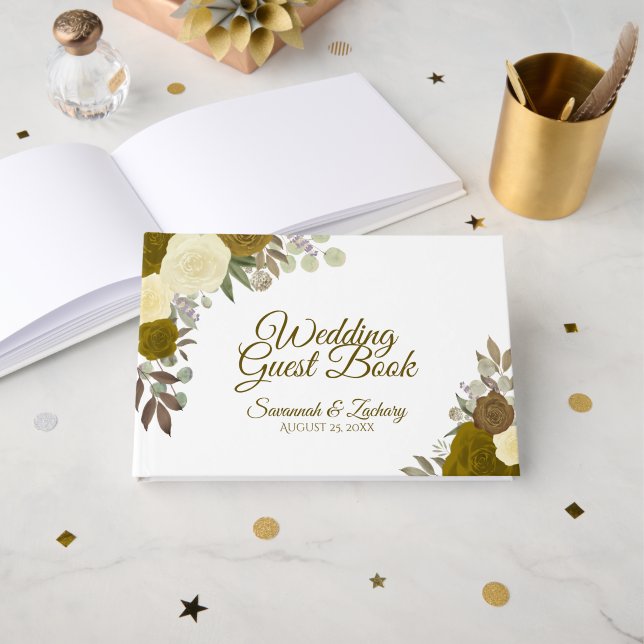 Rustikale Gold Rose Elegante Boho Chic Hochzeit Gästebuch (Vorderseite Offen)