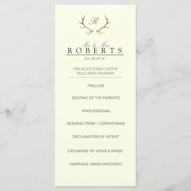 Rustikale Goldene Geweihe | Elegante Hochzeits-Rac Programm (Vorderseite)