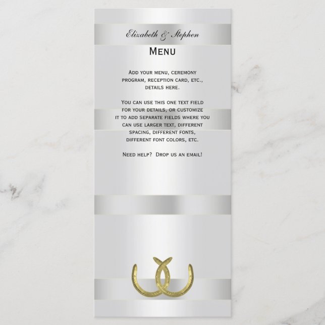 Rustikale Goldene Hufeisen Silver Whit Menu Card Menükarte (Vorderseite)