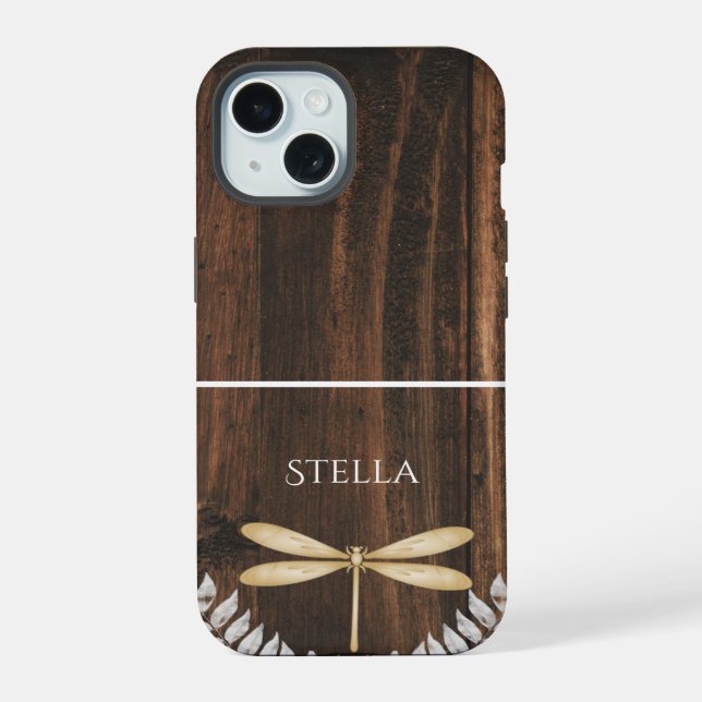 Rustikale goldene Libelle personalisiert iPhone 15 Hülle (Rückseite)