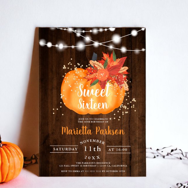 Rustikale goldfarbene Lichter aus blumengeschmückt Einladung (Rustic gold chic floral wood lights fall Sweet 16 Invitation)