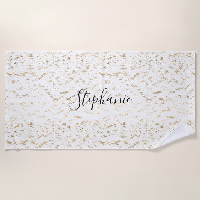 Rustikale goldfarbene Muster Monogram White Glitte Strandtuch (Vorderseite)