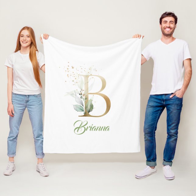 Rustikale Goldfolie B Monogramm Grüne Eukalyptus  Fleecedecke (Beispiel)