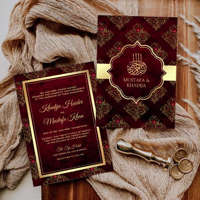 Rustikale Goldmaroon Red Damask muslimische Hochze Einladung (Von Creator hochgeladen)