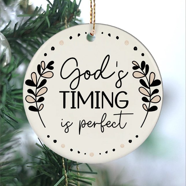 Rustikale Gottes Timing ist perfekt beige schwarze Keramik Ornament (God's timing is perfect Christian Inspirational Script Typography Leaves Ceramic Christmas Ornament.)