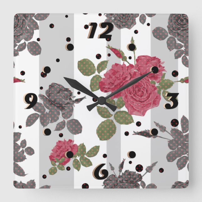 Rustikale, graue, gestreifte Blume rote Rosen Quadratische Wanduhr (Vorderseite)