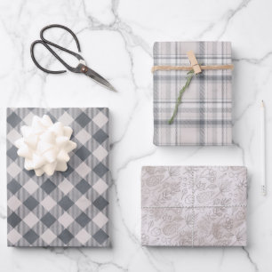 Rustikale graue Karos und drei passende Muster Geschenkpapier Set
