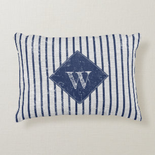 Rustikale graue Linen und Navy Blue Stripes Monogr Dekokissen