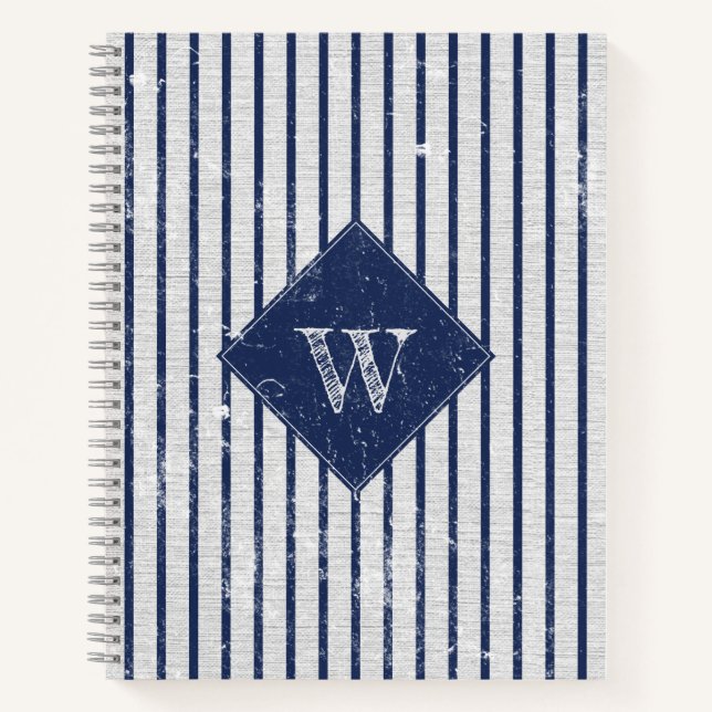Rustikale graue Linen und Navy Blue Stripes Monogr Notizbuch (Vorderseite)