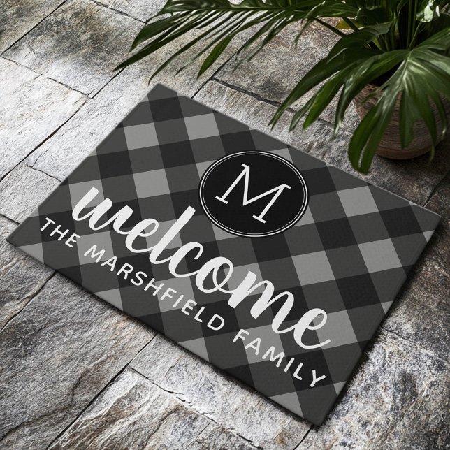 Rustikale, graue und schwarze Buffalo Karierte Fam Fußmatte (Custom Welcome Mat)